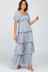 Blue Floral Square Neck Ruffle Layered Maternity Maxi Dress