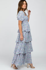 Blue Floral Square Neck Ruffle Layered Maxi Dress