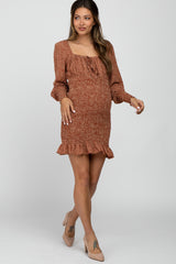 Rust Leaf Print Smocked Maternity Dress