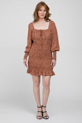 Rust Leaf Print Smocked Dress