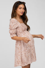 Pink Floral Smocked Square Neck Puff Sleeve Maternity Dress