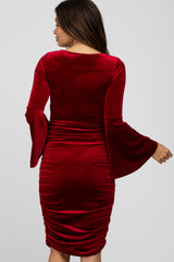 Red Velvet Ruched Bell Sleeve Maternity Dress