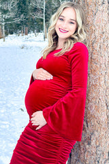 Red Velvet Ruched Bell Sleeve Maternity Dress