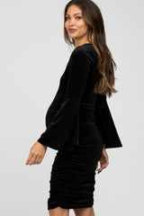 Black Velvet Ruched Bell Sleeve Maternity Dress