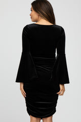 Black Velvet Ruched Bell Sleeve Maternity Dress