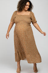 Camel Floral Smocked Square Neck Maternity Plus Midi Dress