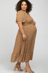 Camel Floral Smocked Square Neck Maternity Plus Midi Dress