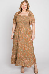 Camel Floral Smocked Square Neck Maternity Plus Midi Dress