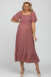 Mauve Floral Smocked Square Neck Maternity Midi Dress