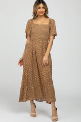 Camel Floral Smocked Square Neck Midi Dress