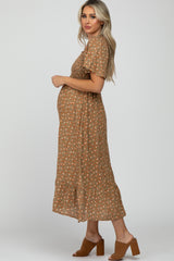 Camel Floral Smocked Square Neck Maternity Midi Dress