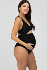 Black Ruched Sides Front Cutout Maternity One Piece Swimsuit