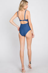 Navy Blue Ruched Sides Front Cutout One Piece Swimsuit