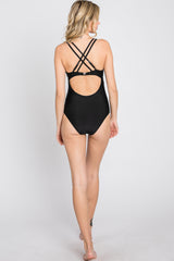 Black Ruched Side Strappy Cross Back One Piece Swimsuit