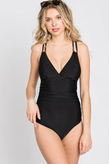 Black Ruched Side Strappy Cross Back One Piece Swimsuit