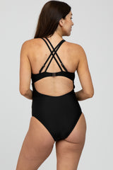 Black Ruched Side Strappy Cross Back Maternity One Piece Swimsuit