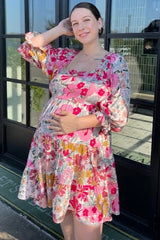 Pink Floral 3/4 Sleeve Tiered Maternity Dress