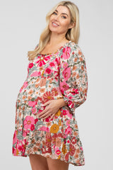 Pink Floral 3/4 Sleeve Tiered Maternity Dress