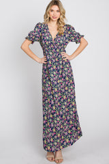 Navy Blue Floral Side Slit Maxi Dress