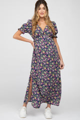 Navy Blue Floral Side Slit Maternity Maxi Dress