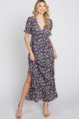 Navy Blue Floral Side Slit Maternity Maxi Dress