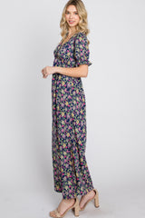 Navy Blue Floral Side Slit Maxi Dress