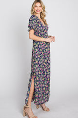 Navy Blue Floral Side Slit Maxi Dress