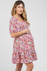 Fuchsia Floral Smocked Maternity Mini Dress