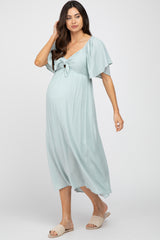 Light Blue Front Tie Ruffle Sleeve Maternity Midi Dress