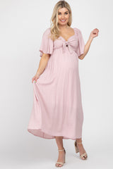 Light Pink Front Tie Ruffle Sleeve Maternity Midi Dress