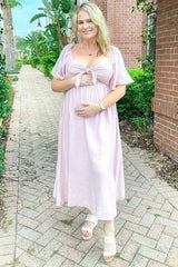 Light Pink Front Tie Ruffle Sleeve Maternity Midi Dress