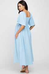 Light Blue Textured Dot Front Tie Ruffle Sleeve Maternity Midi Dress