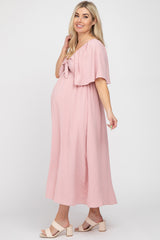 Mauve Textured Dot Front Tie Ruffle Sleeve Maternity Midi Dress