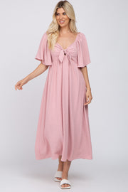 Mauve Textured Dot Front Tie Ruffle Sleeve Midi Dress