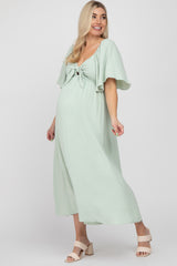 Mint Green Textured Dot Front Tie Ruffle Sleeve Maternity Midi Dress