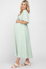 Mint Green Textured Dot Front Tie Ruffle Sleeve Maternity Midi Dress