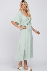 Mint Green Textured Dot Front Tie Ruffle Sleeve Midi Dress