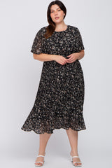 Black Floral Pleated Chiffon Plus Midi Dress