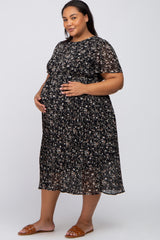 Black Floral Pleated Chiffon Maternity Plus Midi Dress