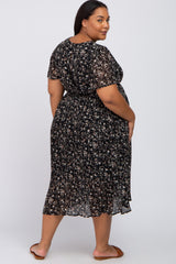 Black Floral Pleated Chiffon Maternity Plus Midi Dress