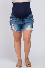 Navy Distressed Frayed Hem Plus Maternity Shorts