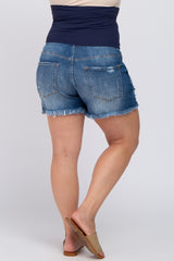 Navy Distressed Frayed Hem Plus Maternity Shorts