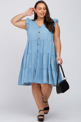 Light Blue Chambray Tiered Button Accent Plus Dress