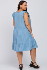 Light Blue Chambray Tiered Button Accent Plus Dress