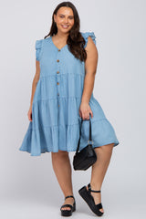 Light Blue Chambray Tiered Button Accent Plus Dress