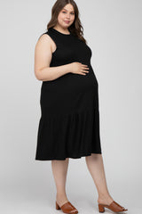 Black Ribbed Sleeveless Plus Maternity Midi Dress