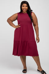 Burgundy Ribbed Sleeveless Plus Midi Dress