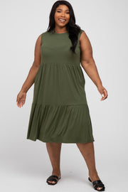 Olive Ribbed Sleeveless Plus Midi Dress