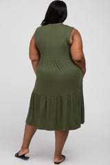 Olive Ribbed Sleeveless Plus Midi Dress