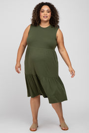 Olive Ribbed Sleeveless Plus Maternity Midi Dress